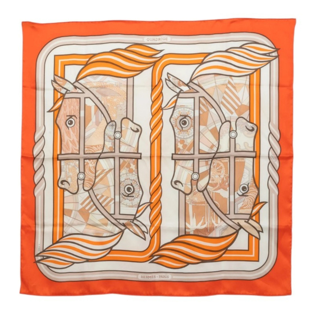 Hermes Carre 70 Quadrige Scarf/Muffler, Orange Multicolor Silk, Women's